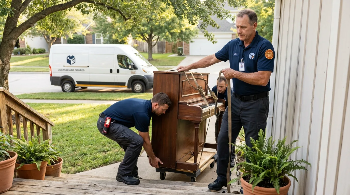 Licensed piano movers securing grand piano in Bellflower, CA