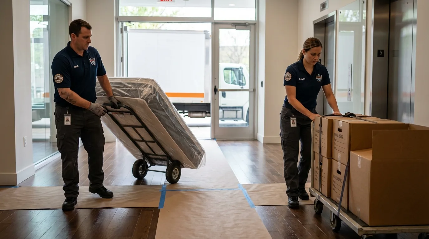Professional apartment movers loading elevator in Bellflower, CA